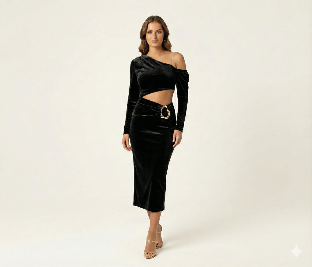The Velvet Asymmetric Buckle Dress