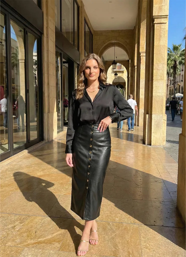 The Gilded Button Midi Skirt